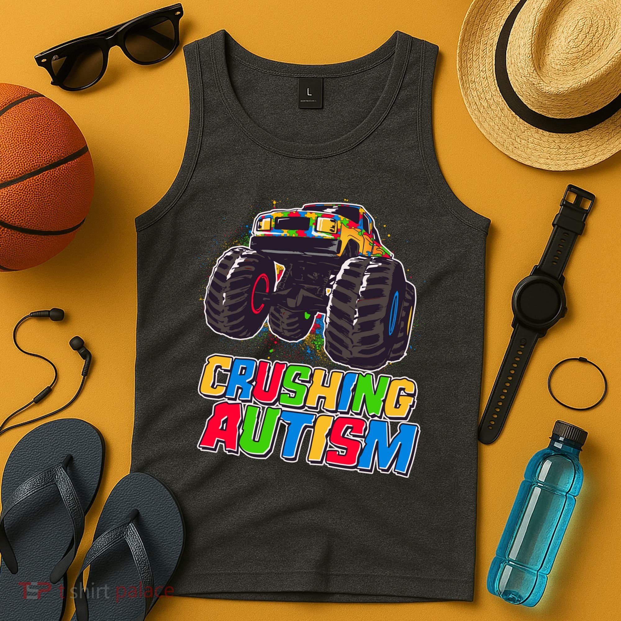 Funny Cool Crushing Autism Puzzle Piece Monster Truck Tank Top