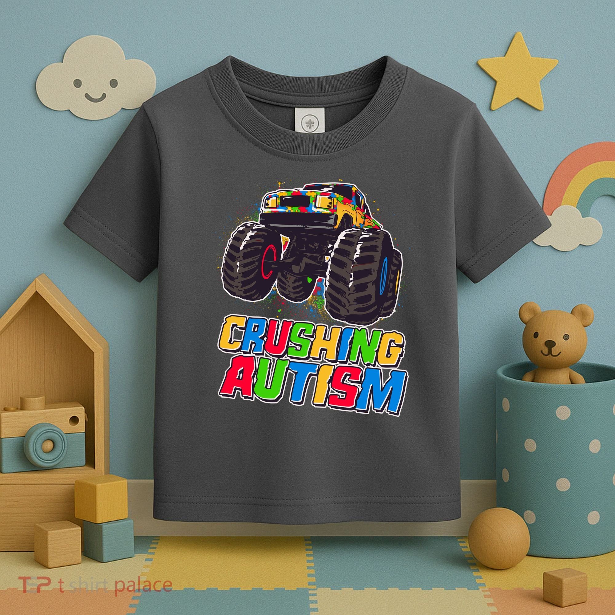 Funny Cool Crushing Autism Puzzle Piece Monster Truck Toddler T-Shirt