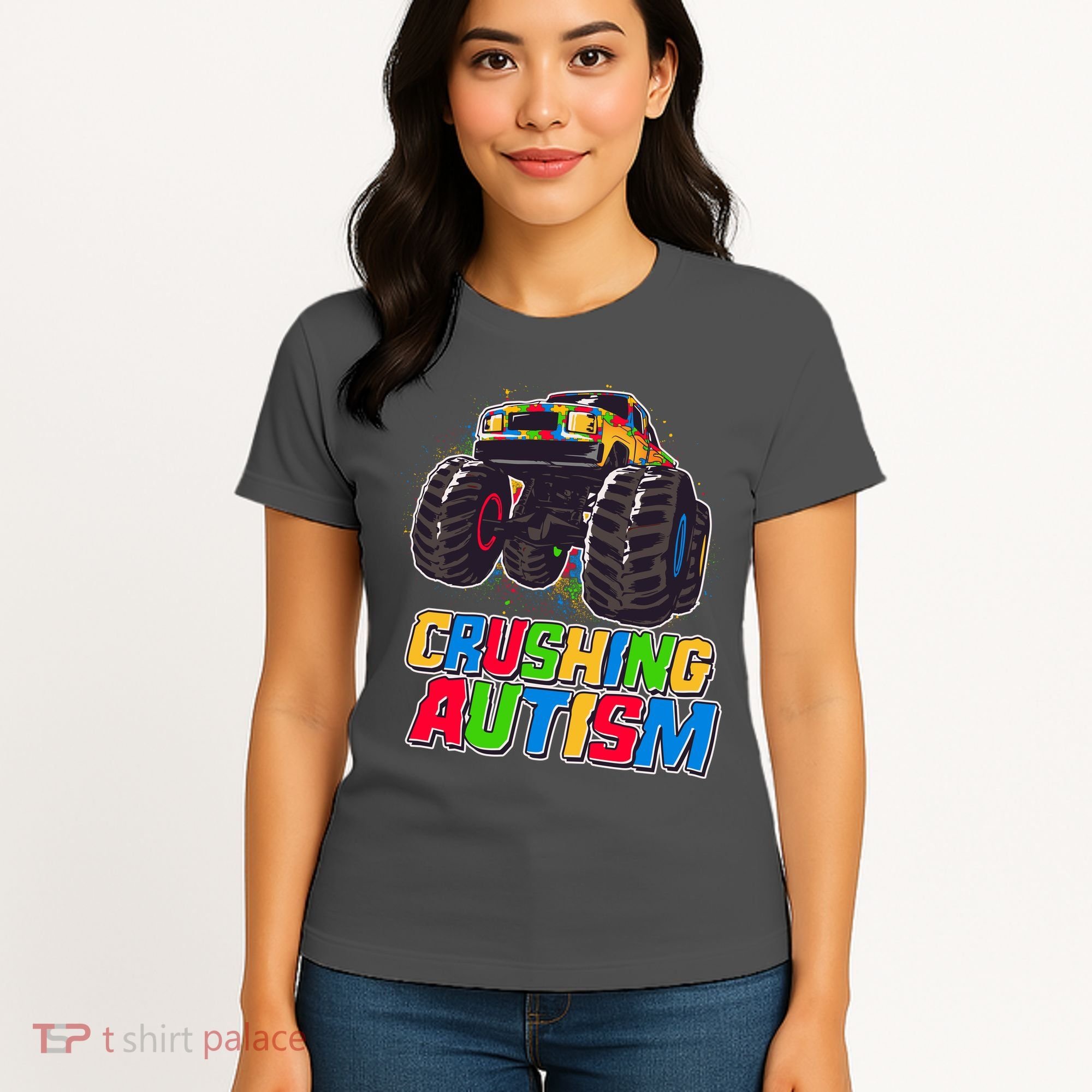 Funny Cool Crushing Autism Puzzle Piece Monster Truck Women's T-Shirt