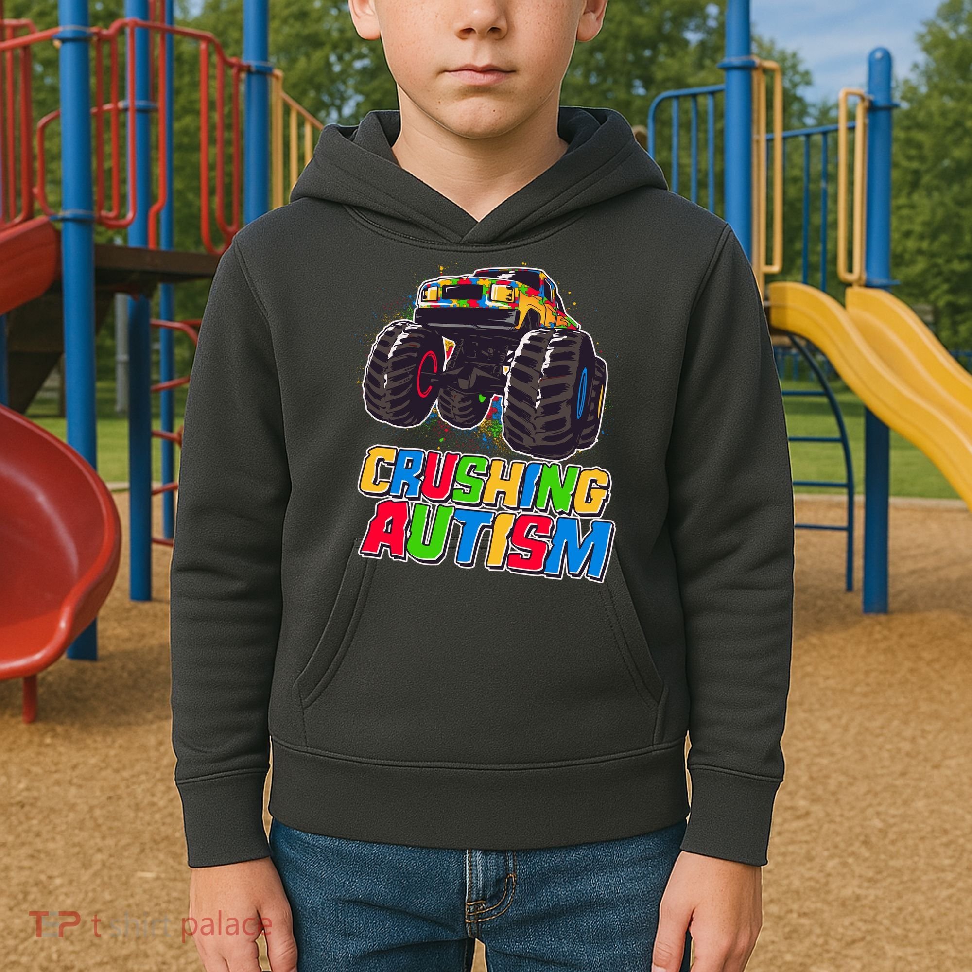 Funny Cool Crushing Autism Puzzle Piece Monster Truck Kids Hoodie