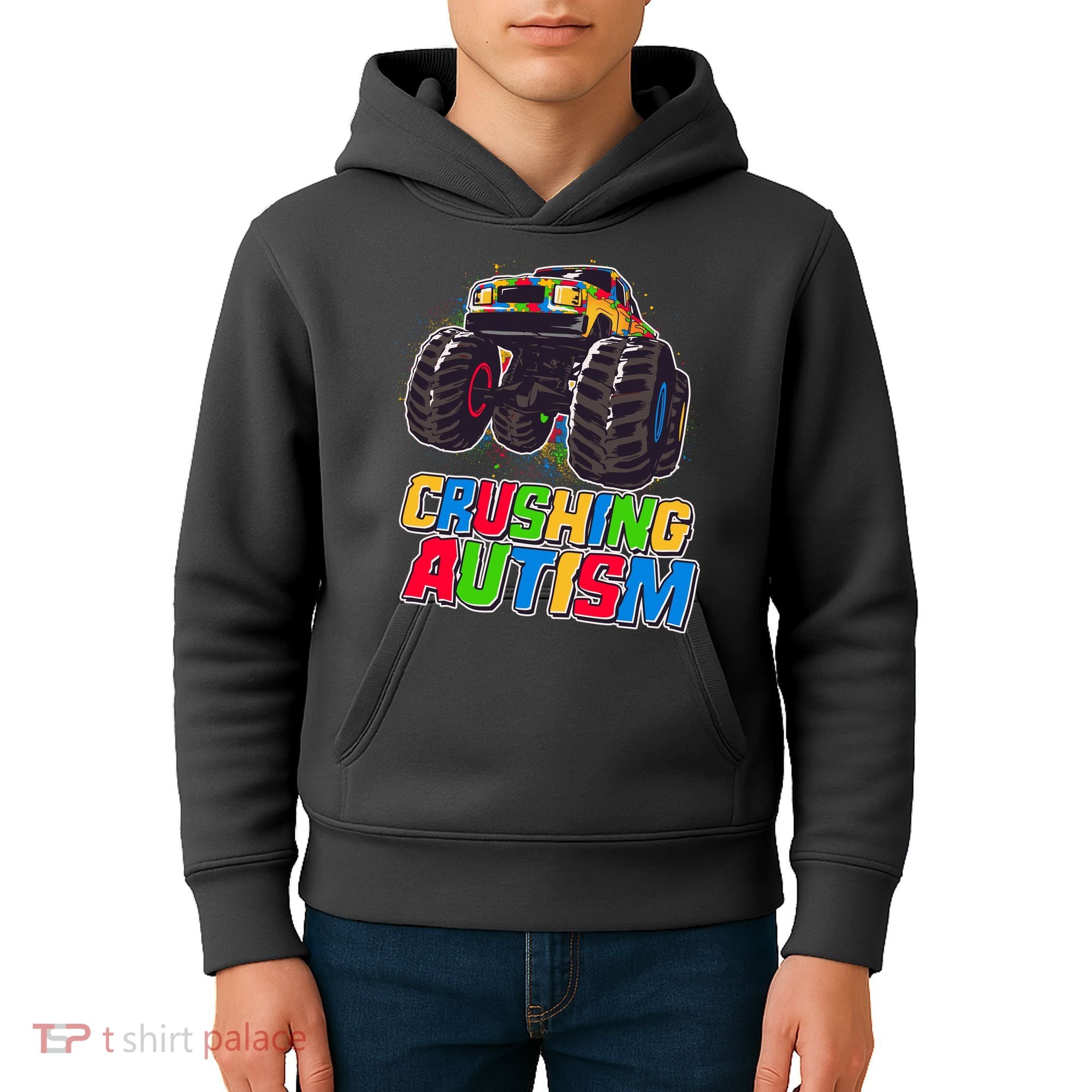 Funny Cool Crushing Autism Puzzle Piece Monster Truck Kids Hoodie