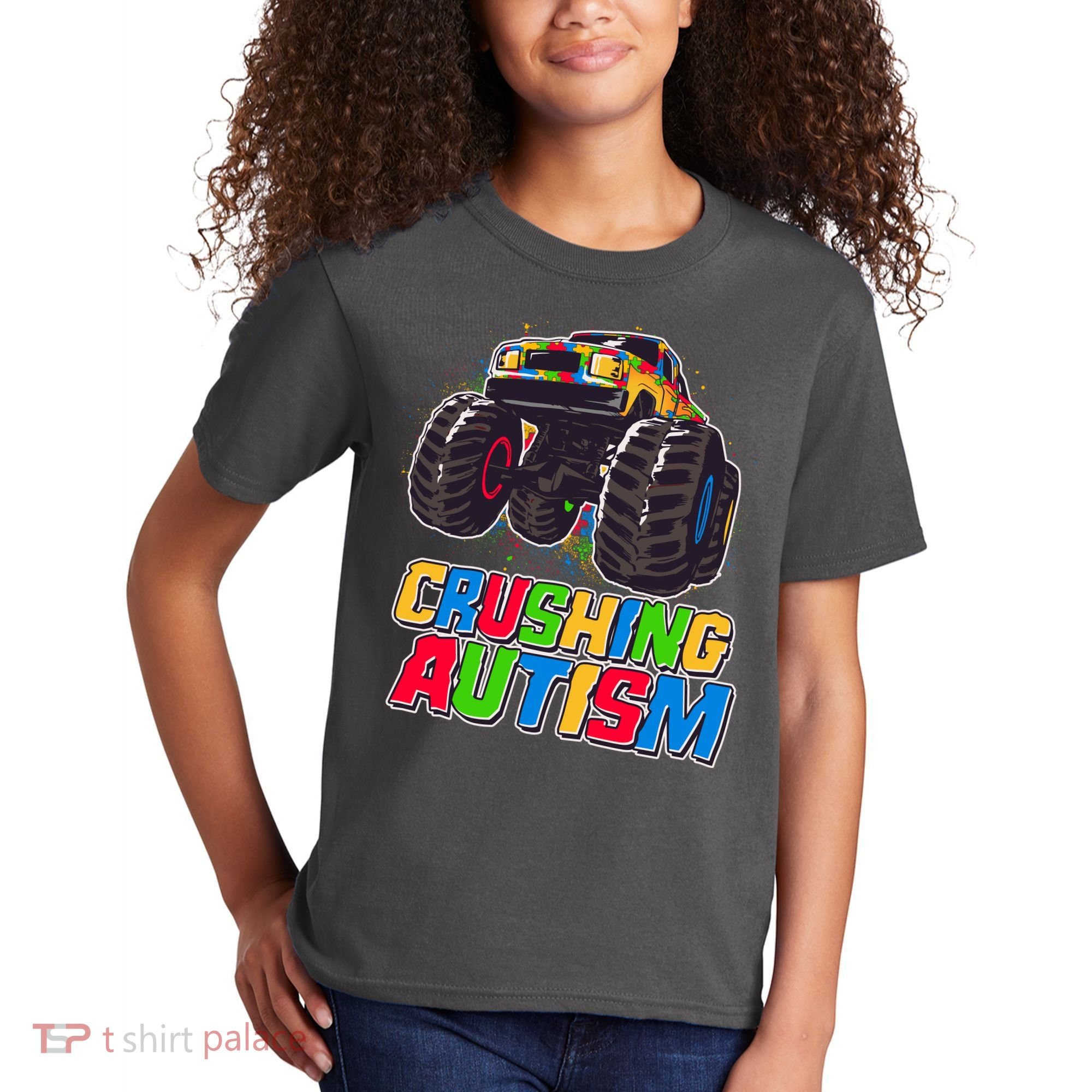Funny Cool Crushing Autism Puzzle Piece Monster Truck Kids T-Shirt