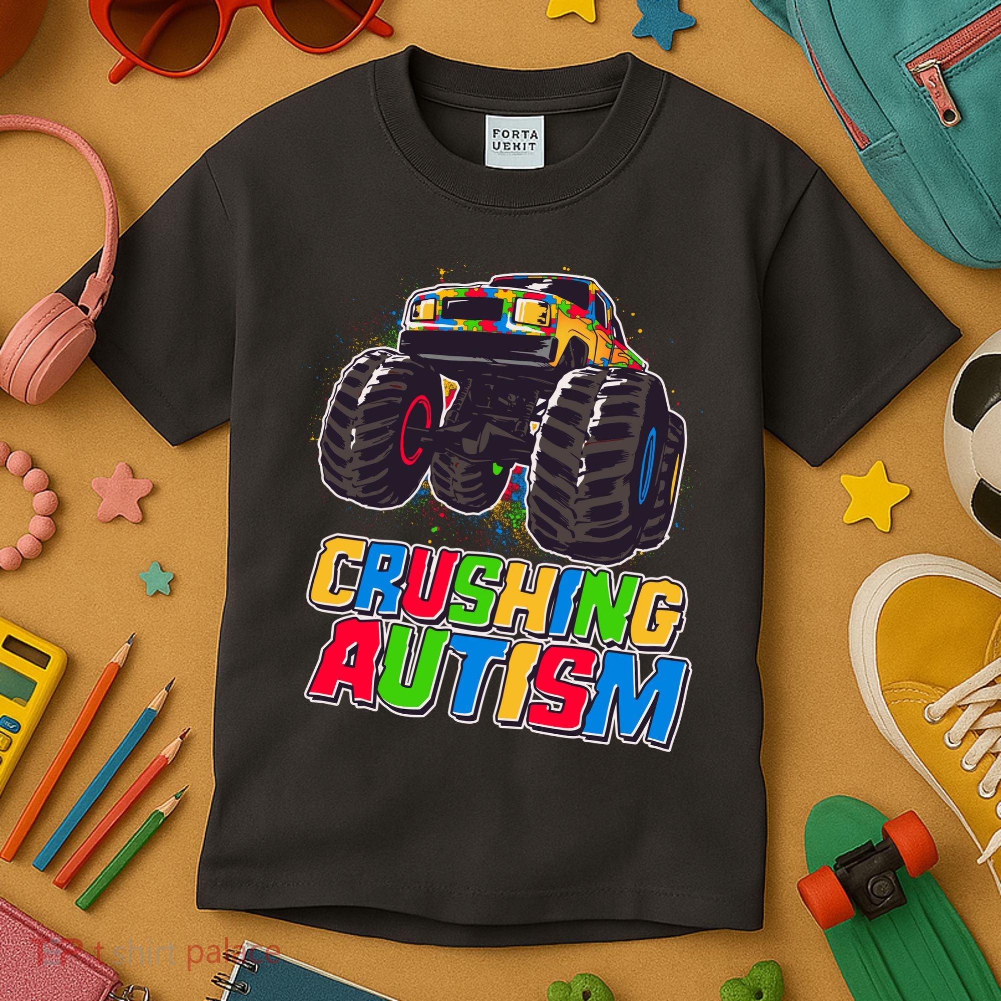 Funny Cool Crushing Autism Puzzle Piece Monster Truck Kids T-Shirt