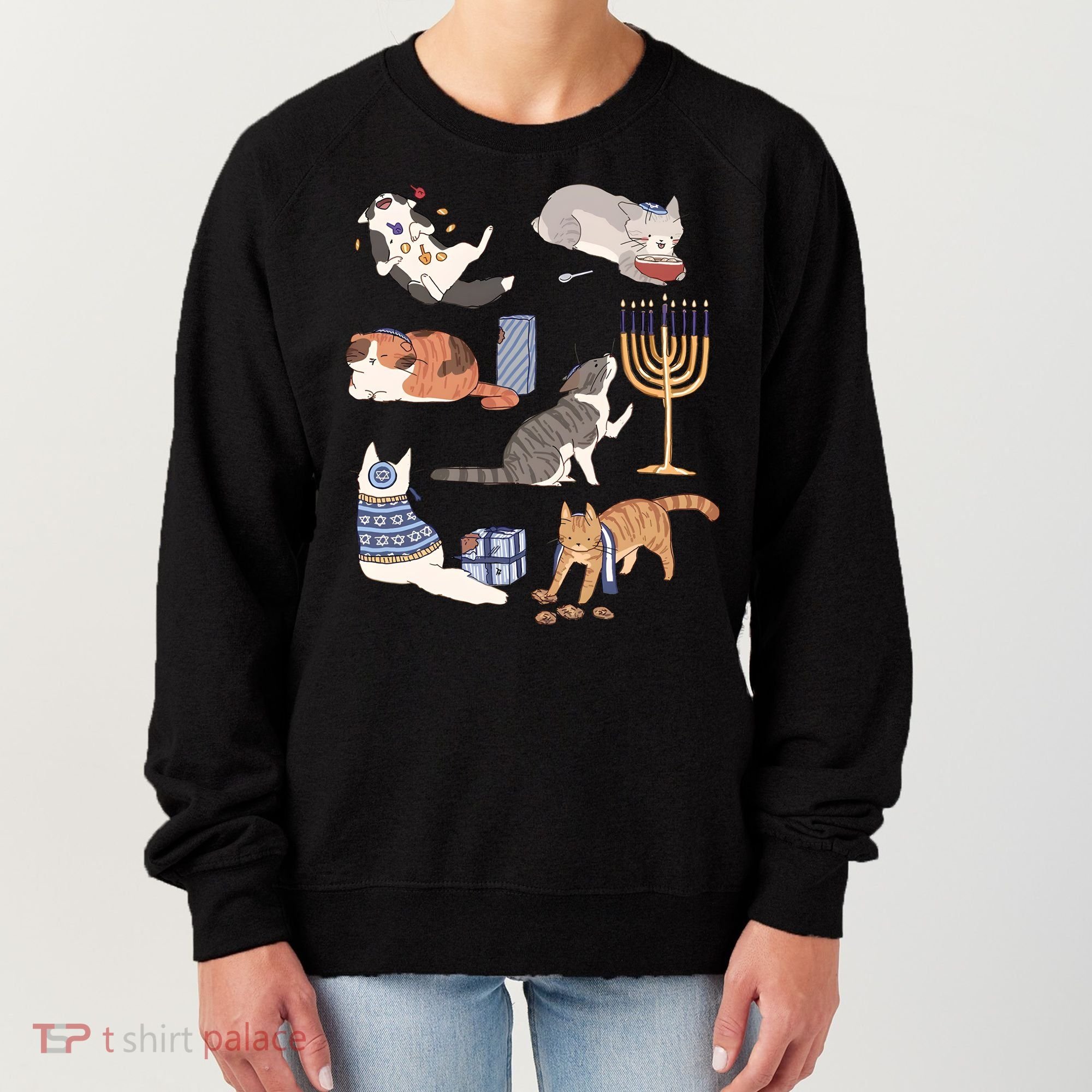 Funny Christmas Cat Menorah Hanukkah Jewish Women's Sweatshirt
