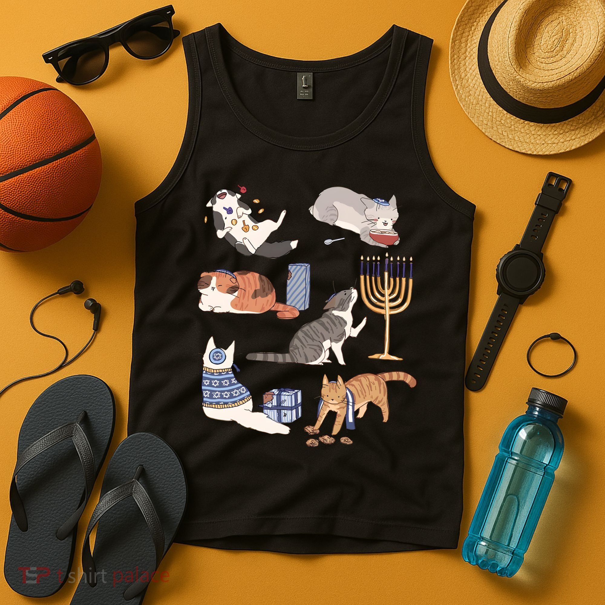 Funny Christmas Cat Menorah Hanukkah Jewish Tank Top