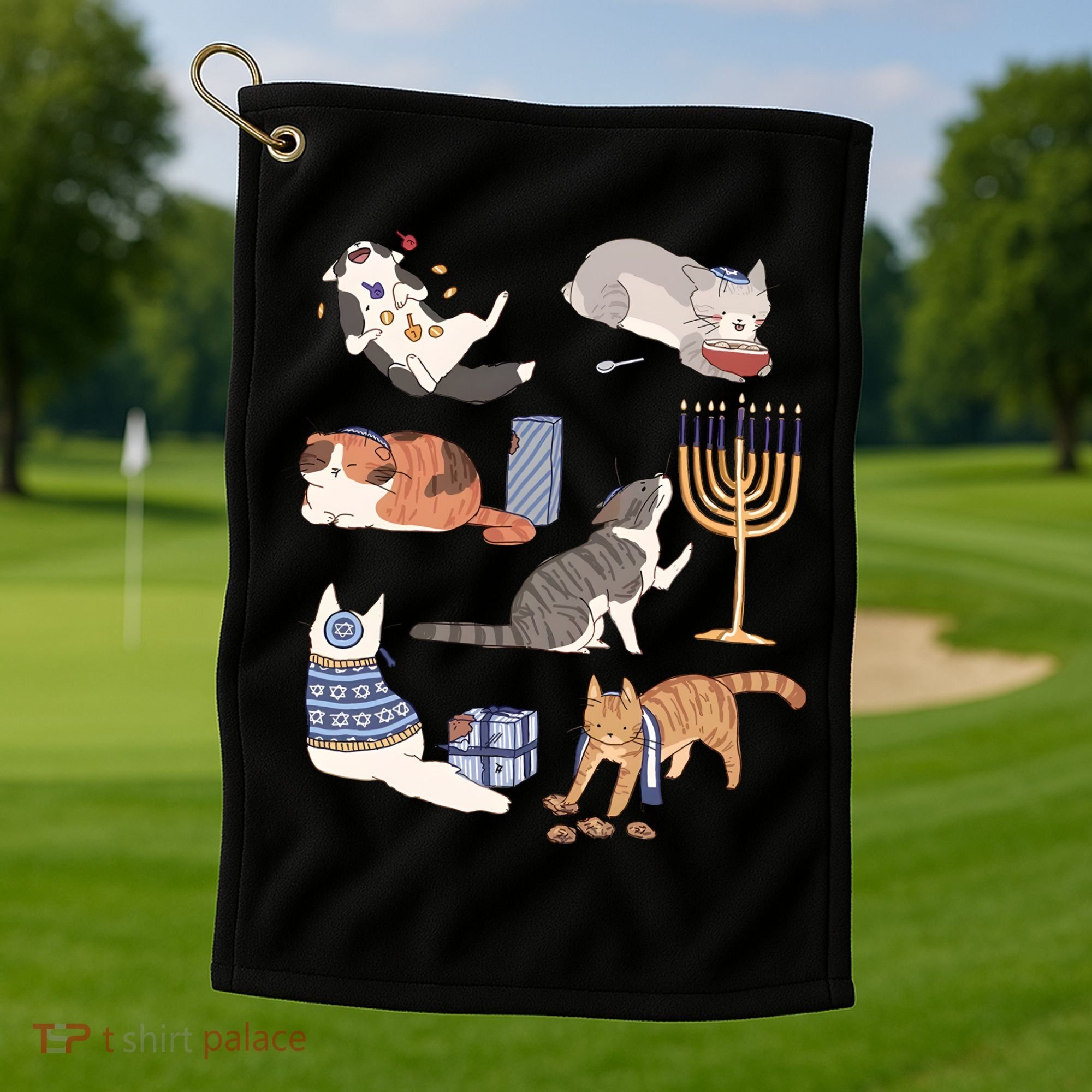 Funny Christmas Cat Menorah Hanukkah Jewish Golf Towel