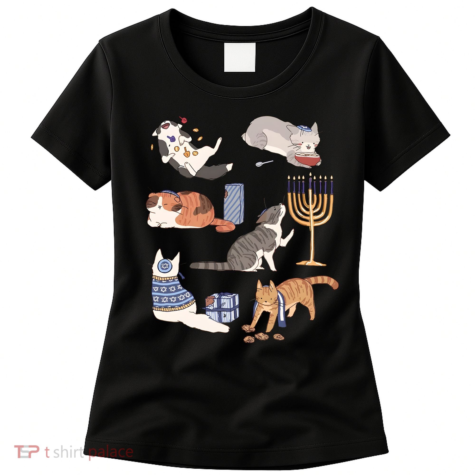 Funny Christmas Cat Menorah Hanukkah Jewish Women's T-Shirt