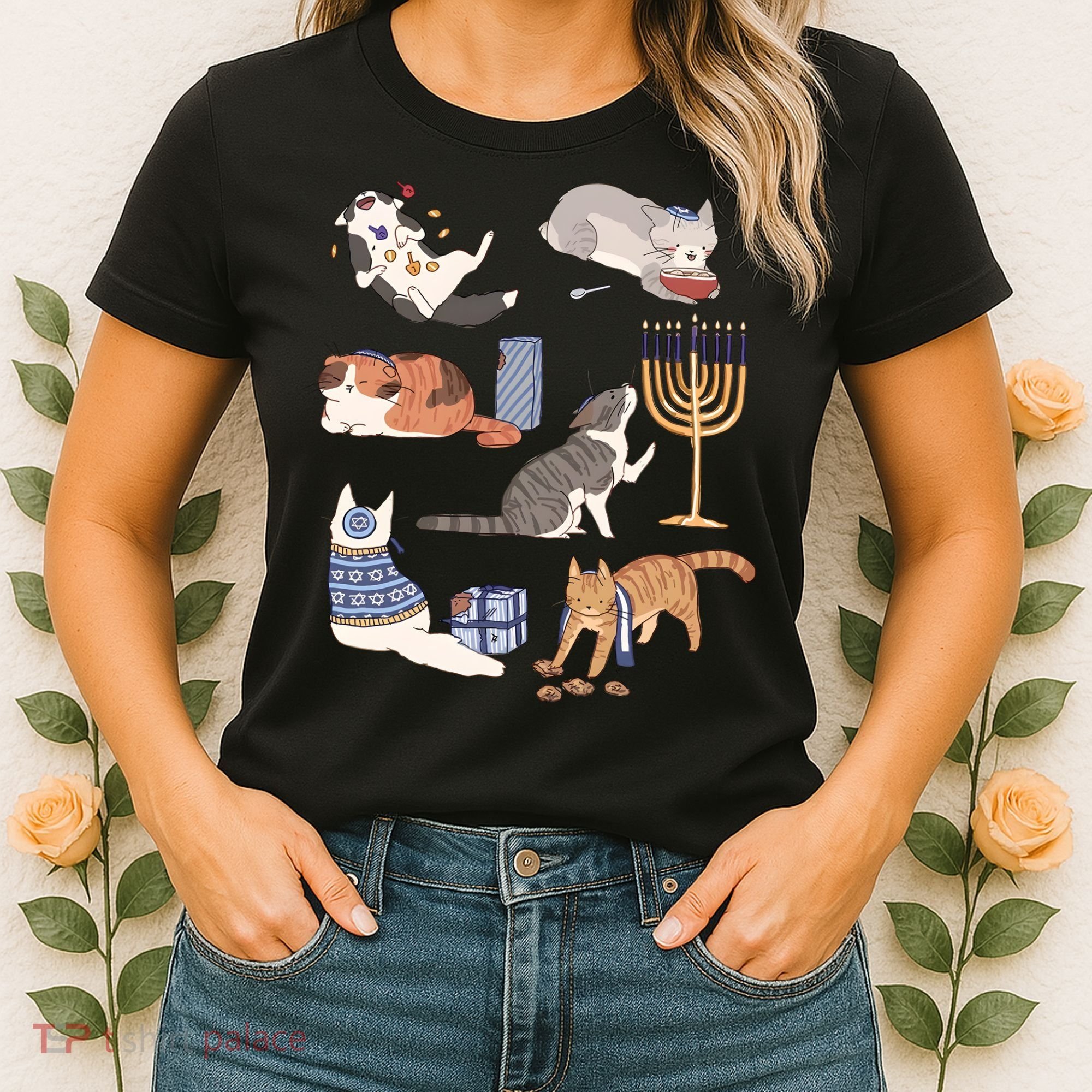 Funny Christmas Cat Menorah Hanukkah Jewish Women's T-Shirt