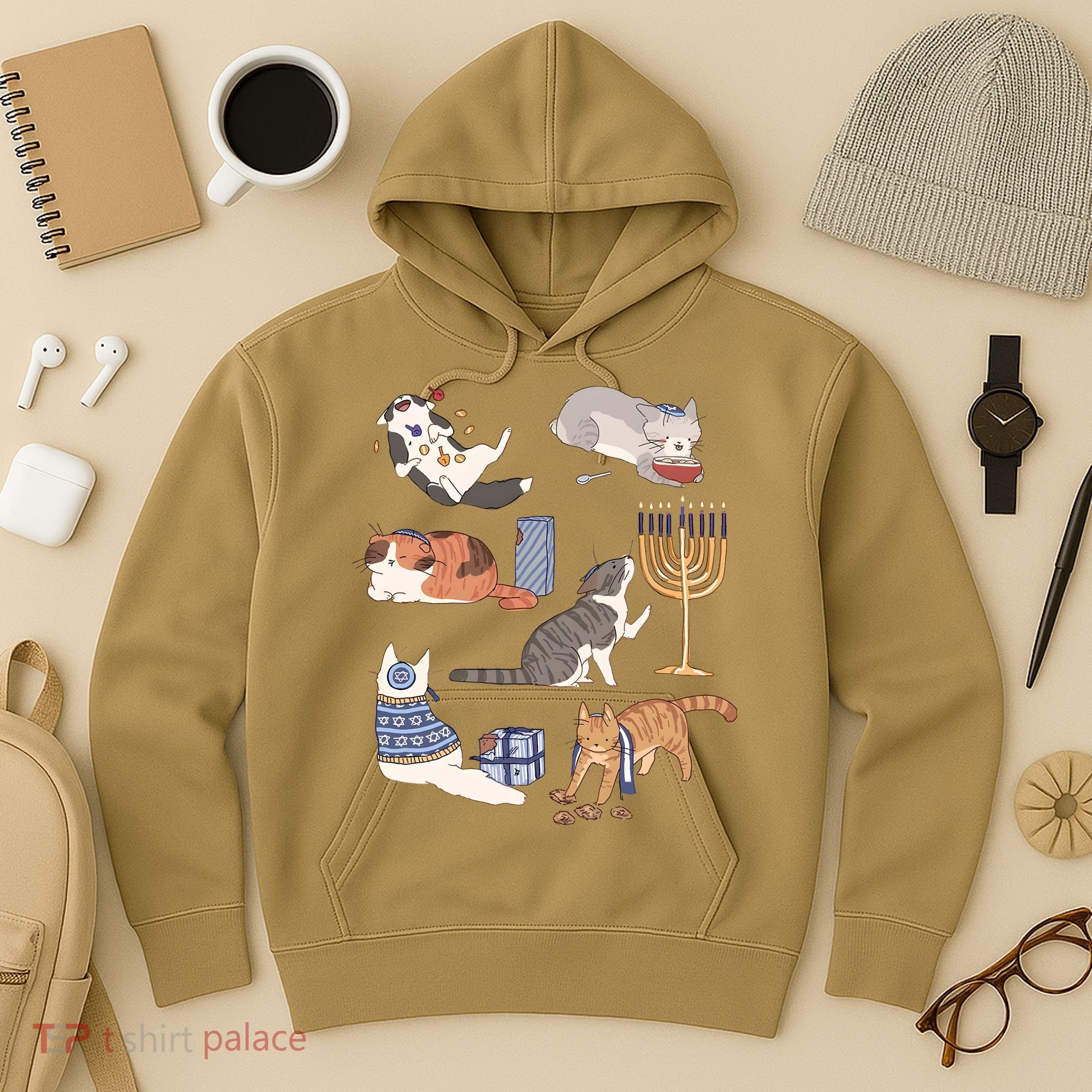 Funny Christmas Cat Menorah Hanukkah Jewish Hoodie