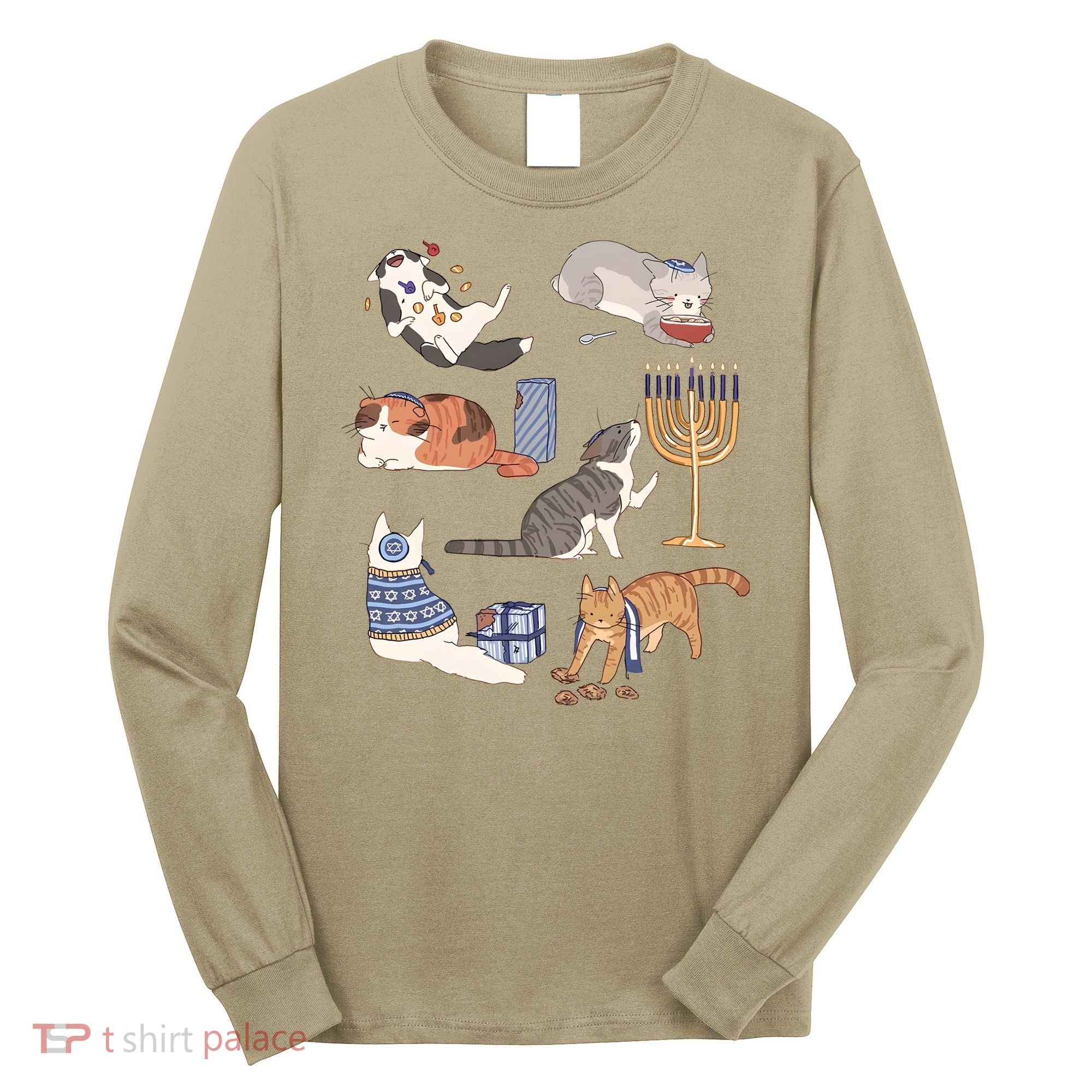 Funny Christmas Cat Menorah Hanukkah Jewish Long Sleeve Shirt