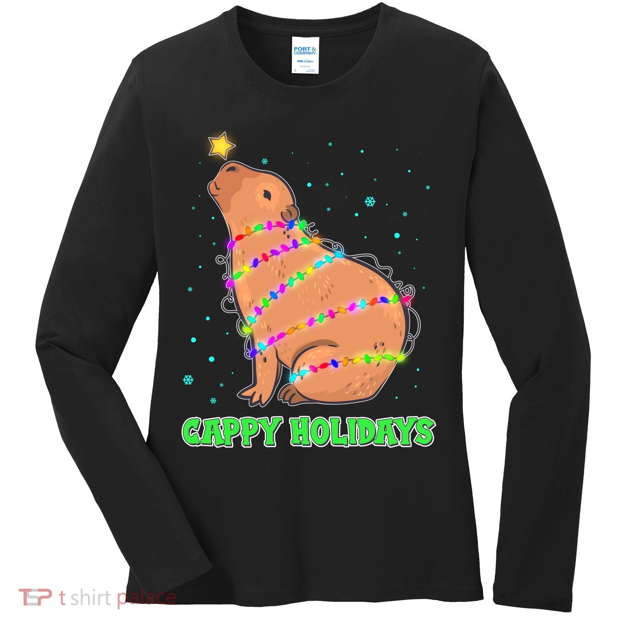 Funny Cute Christmas Cappy Holidays Capybara Women's Long Sleeve Shirt
