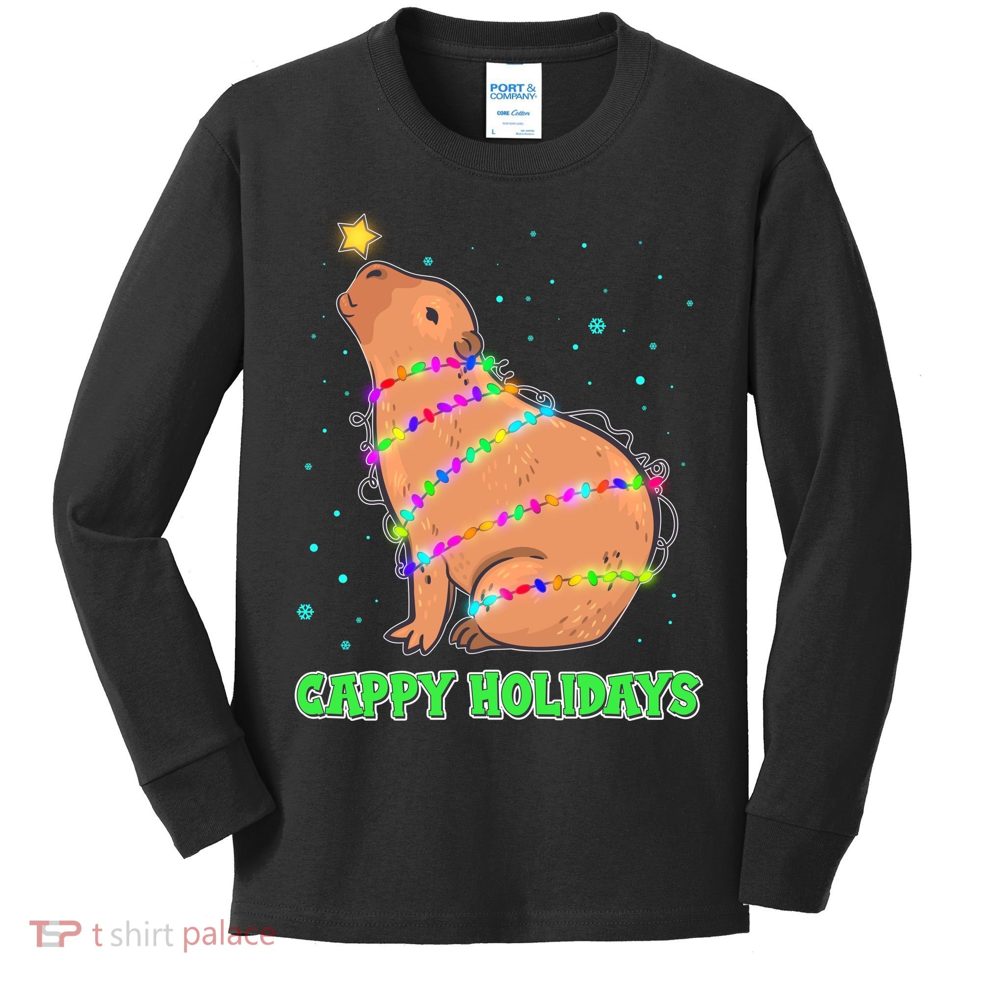 Funny Cute Christmas Cappy Holidays Capybara Kids Long Sleeve Shirt