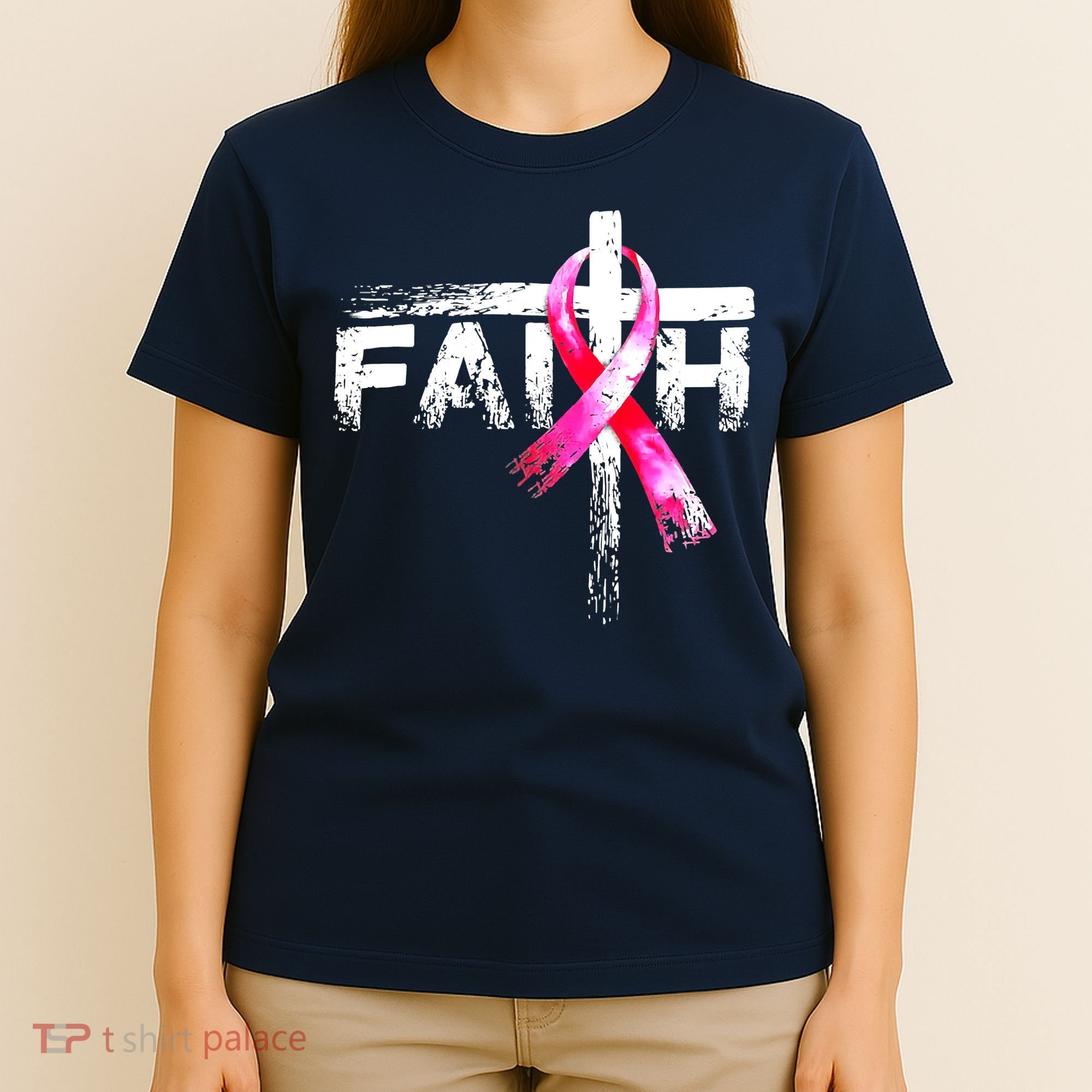 Faith Christian Cross Jesus Pink Ribbon Breast Cancer T-Shirt