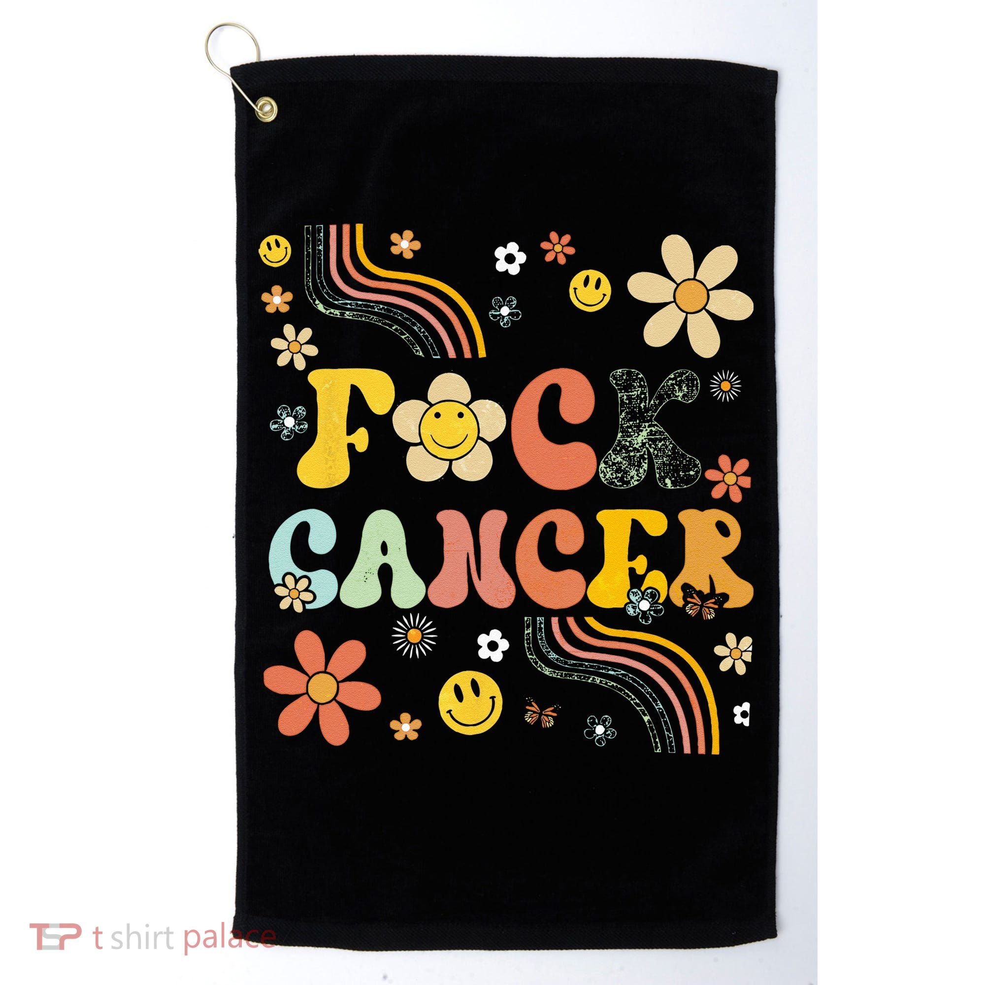 F Ck Cancer Groovy Retro Flower Awareness Against Cancer Golf Towel