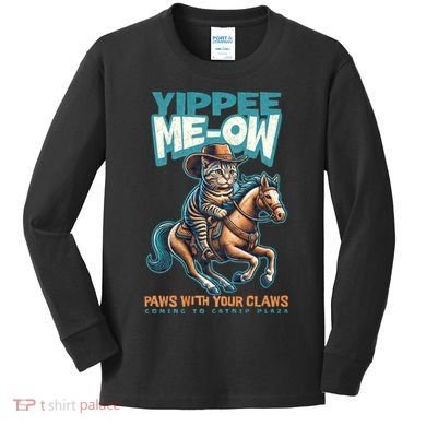 Funny Cat Cowboy Yippee Meow Kids Long Sleeve Shirt