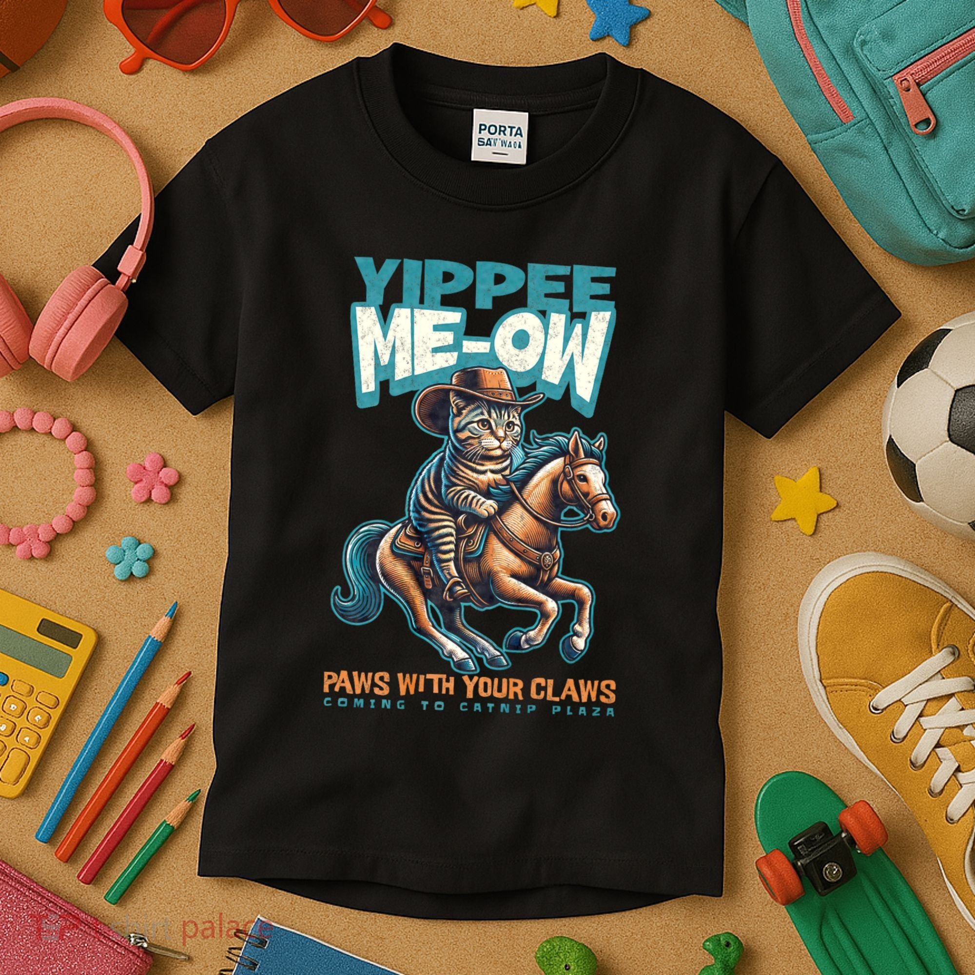 Funny Cat Cowboy Yippee Meow Kids T-Shirt