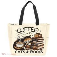 Funny Cute Coffee Cats Books Lover Gift Idea Women Tote Bag thumb 0