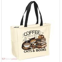 Funny Cute Coffee Cats Books Lover Gift Idea Women Tote Bag thumb 2