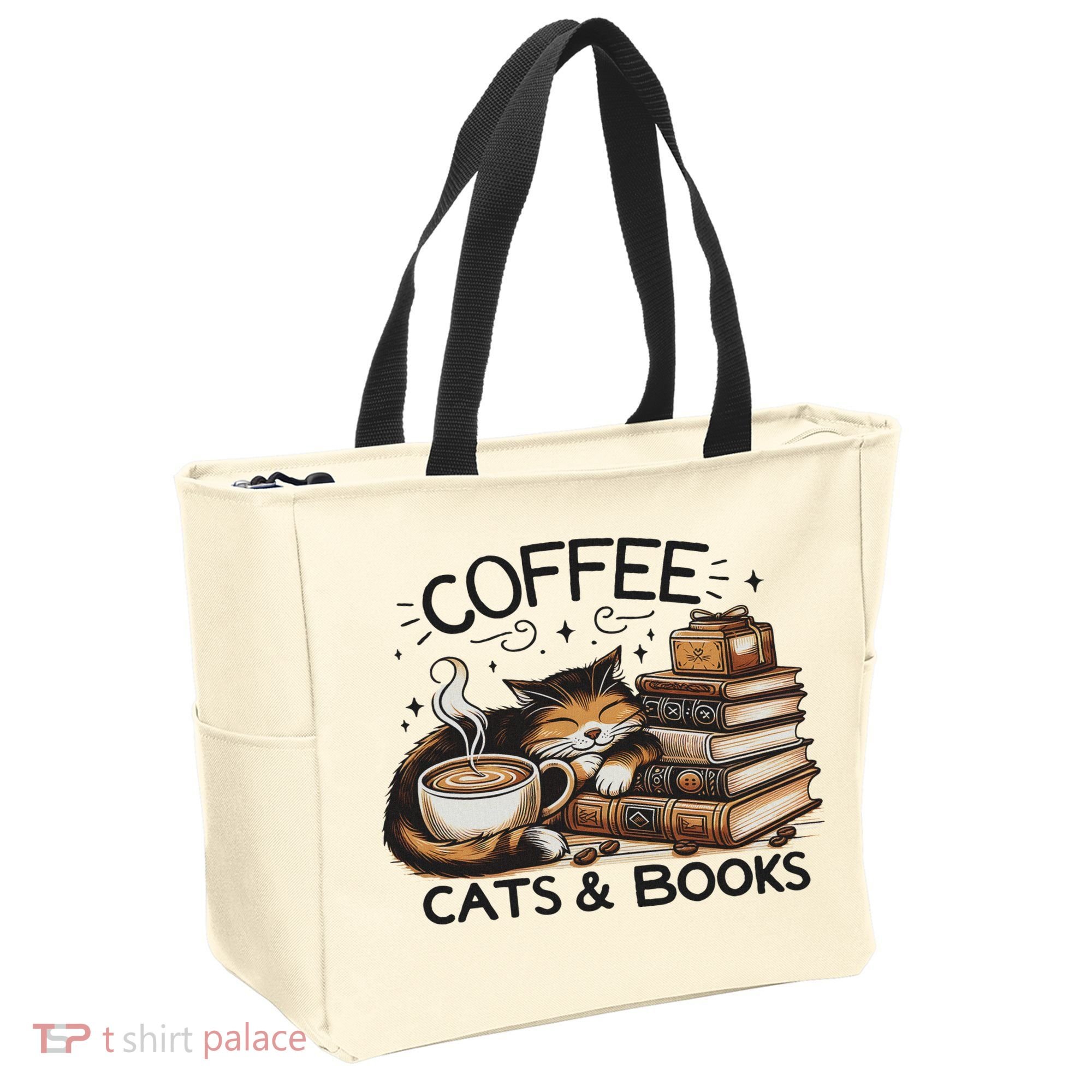 Funny Cute Coffee Cats Books Lover Gift Idea Women Tote Bag