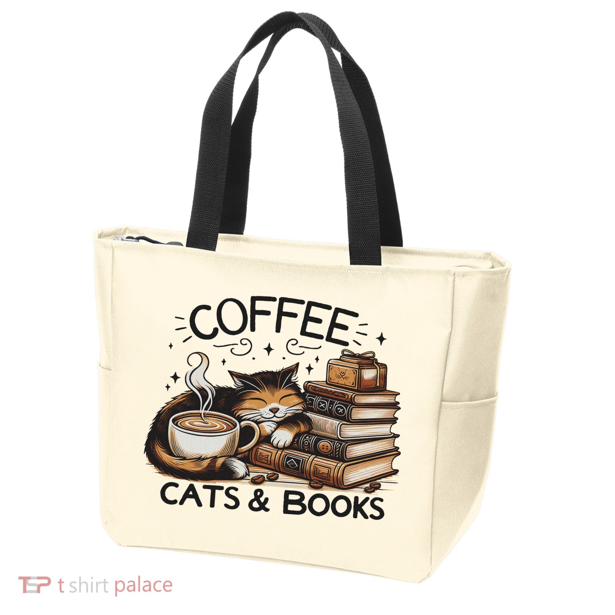 Funny Cute Coffee Cats Books Lover Gift Idea Women Tote Bag