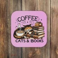 Funny Cute Coffee Cats Books Lover Gift Idea Women Coaster thumb 0