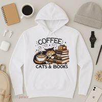 Funny Cute Coffee Cats Books Lover Gift Idea Women Hoodie thumb 3