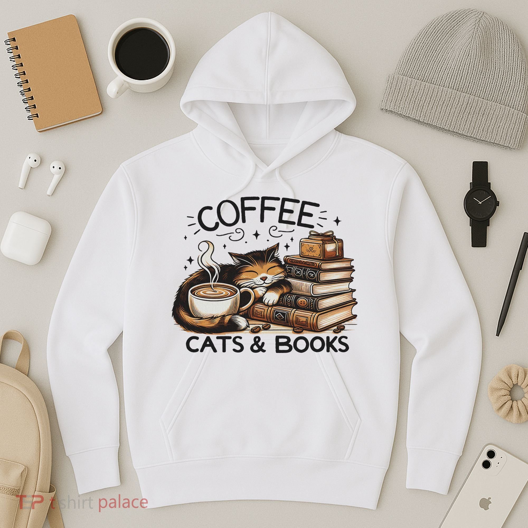 Funny Cute Coffee Cats Books Lover Gift Idea Women Hoodie