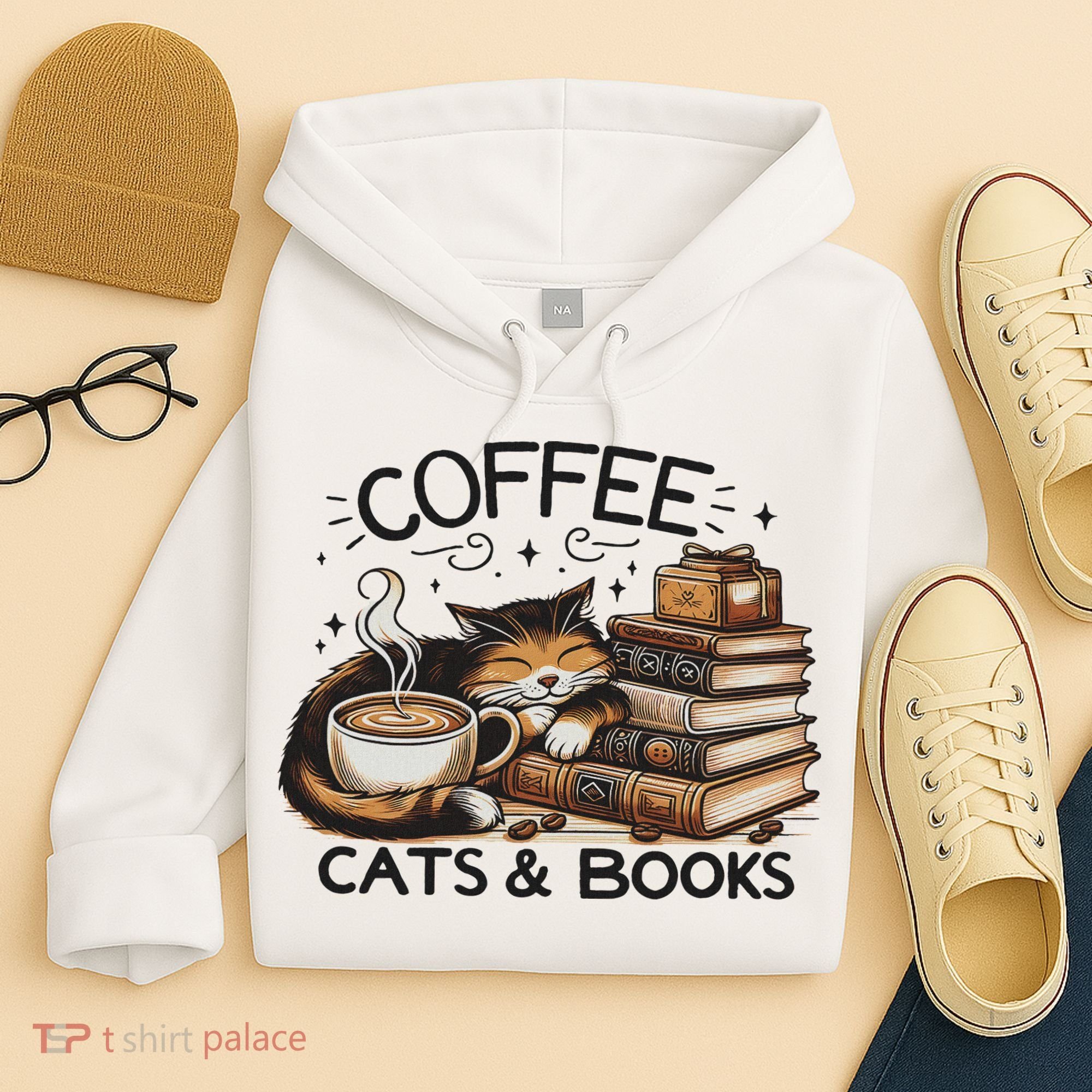 Funny Cute Coffee Cats Books Lover Gift Idea Women Hoodie