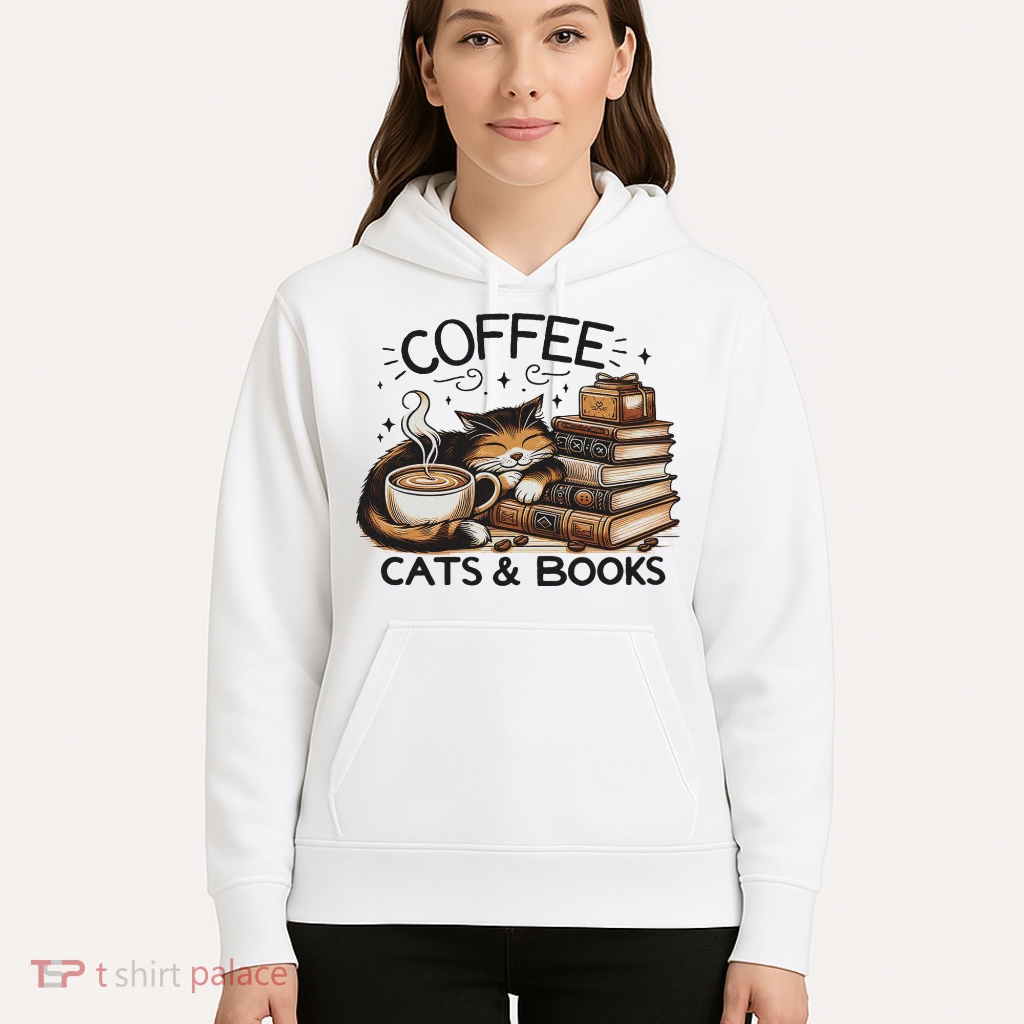Funny Cute Coffee Cats Books Lover Gift Idea Women Hoodie