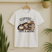 Funny Cute Coffee Cats Books Lover Gift Idea Women T-Shirt thumb 2