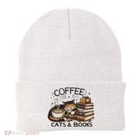 Funny Cute Coffee Cats Books Lover Gift Idea Women Beanie thumb 0