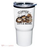 Funny Cute Coffee Cats Books Lover Gift Idea Women Tumbler thumb 0