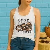 Funny Cute Coffee Cats Books Lover Gift Idea Women Women's Tank Top thumb 2