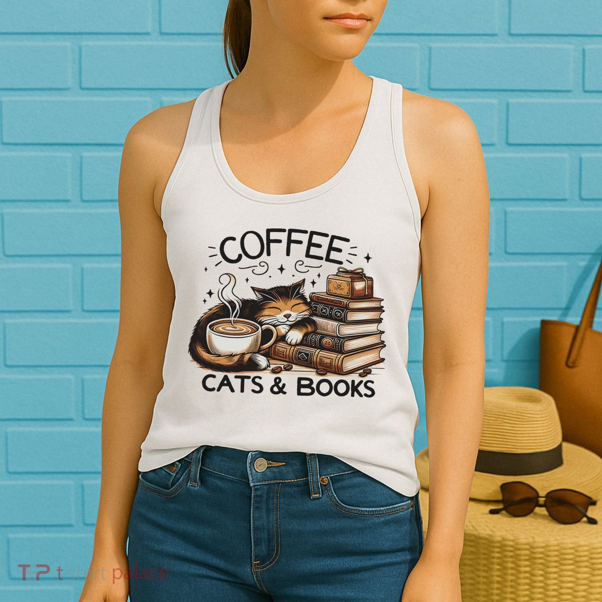 Funny Cute Coffee Cats Books Lover Gift Idea Women Women's Tank Top