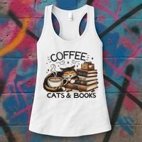 Funny Cute Coffee Cats Books Lover Gift Idea Women Women's Tank Top thumb 3