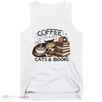 Funny Cute Coffee Cats Books Lover Gift Idea Women Tank Top thumb 0
