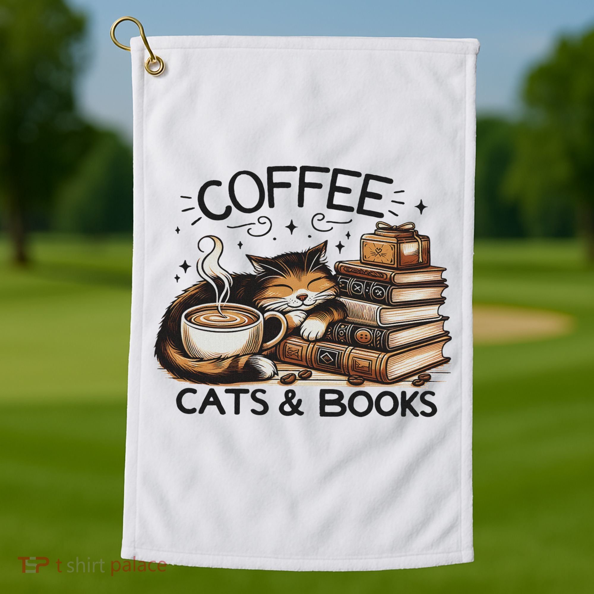 Funny Cute Coffee Cats Books Lover Gift Idea Women Golf Towel
