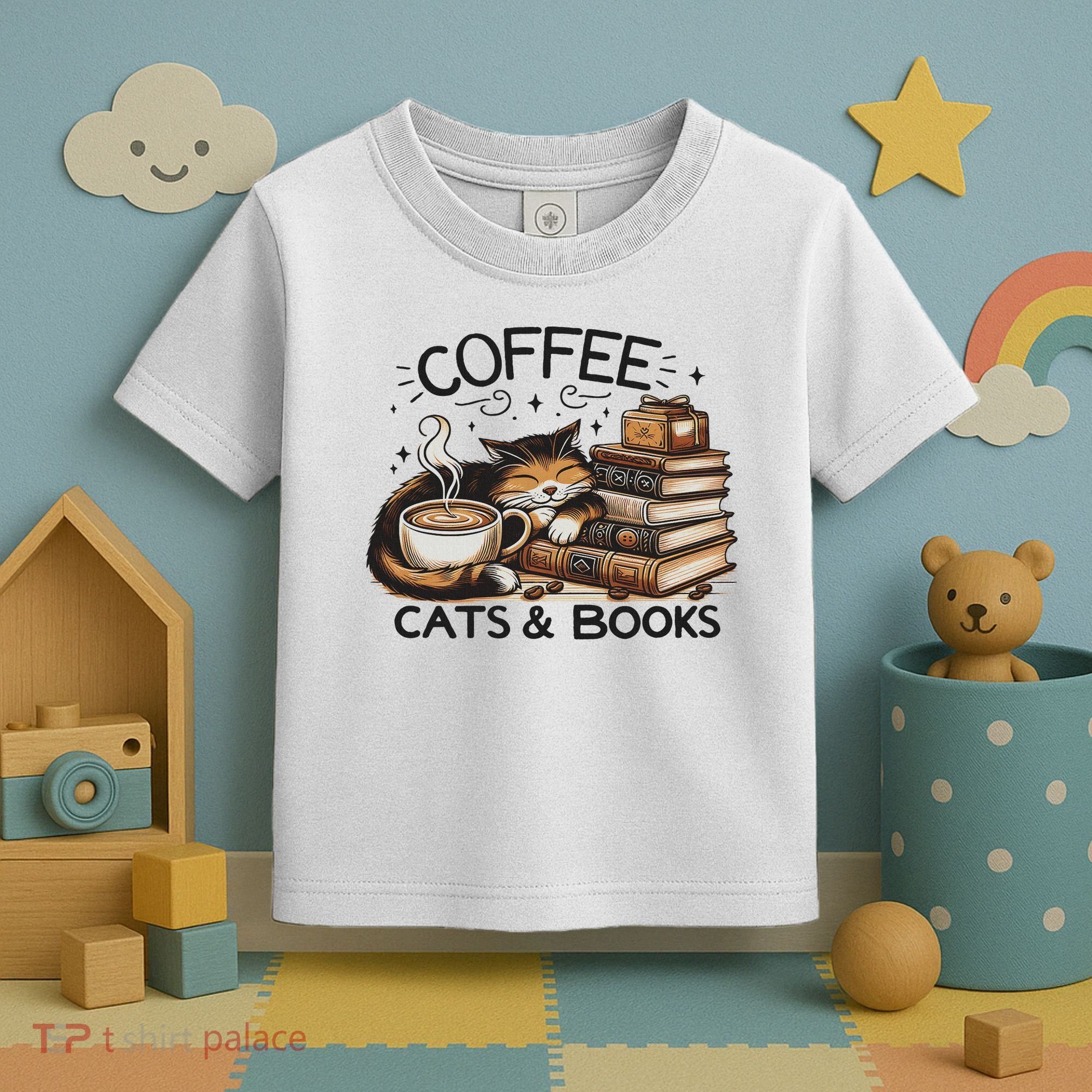 Funny Cute Coffee Cats Books Lover Gift Idea Women Toddler T-Shirt