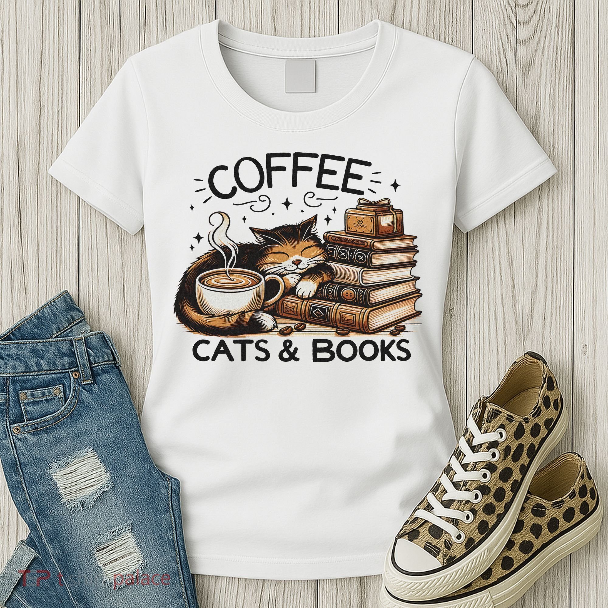 Funny Cute Coffee Cats Books Lover Gift Idea Women Women's T-Shirt