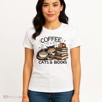Funny Cute Coffee Cats Books Lover Gift Idea Women Women's T-Shirt thumb 4