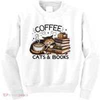 Funny Cute Coffee Cats Books Lover Gift Idea Women Kids Sweatshirt thumb 0