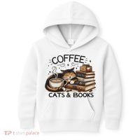 Funny Cute Coffee Cats Books Lover Gift Idea Women Kids Hoodie thumb 0