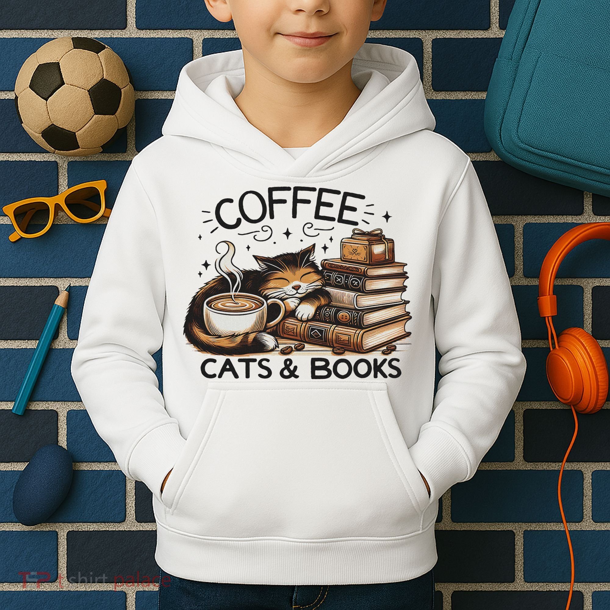 Funny Cute Coffee Cats Books Lover Gift Idea Women Kids Hoodie
