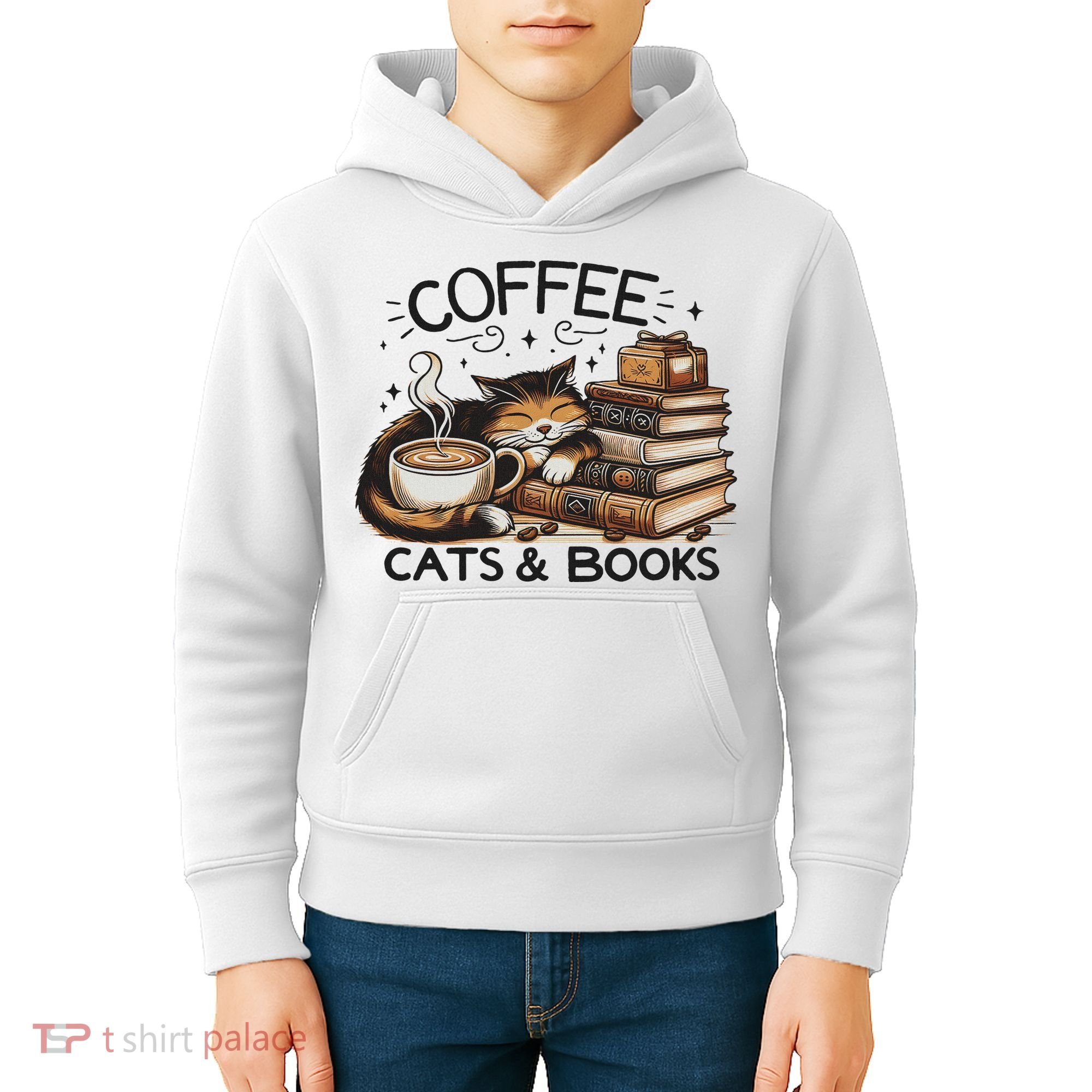 Funny Cute Coffee Cats Books Lover Gift Idea Women Kids Hoodie
