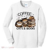 Funny Cute Coffee Cats Books Lover Gift Idea Women Kids Long Sleeve Shirt thumb 0