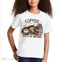 Funny Cute Coffee Cats Books Lover Gift Idea Women Kids T-Shirt thumb 2
