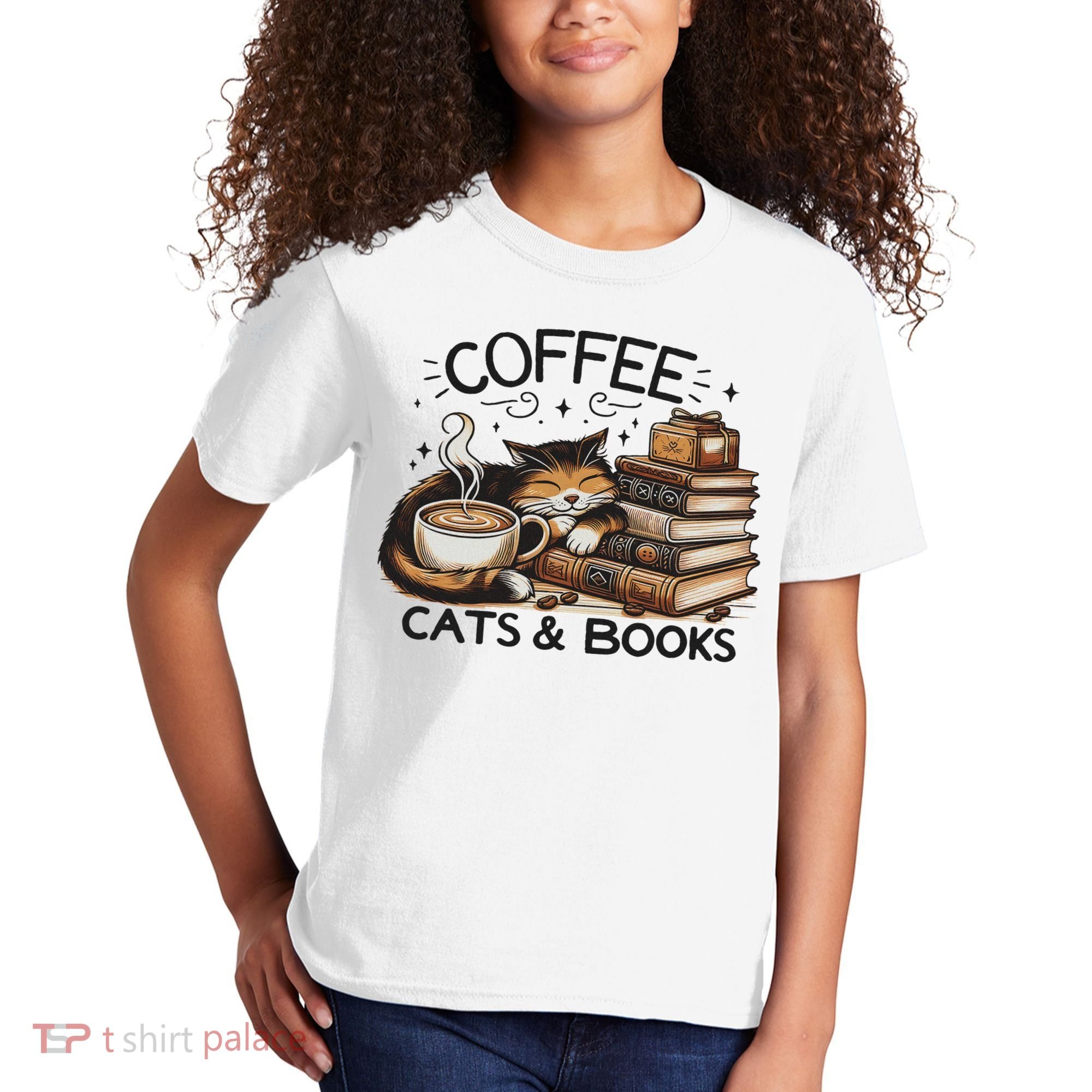 Funny Cute Coffee Cats Books Lover Gift Idea Women Kids T-Shirt