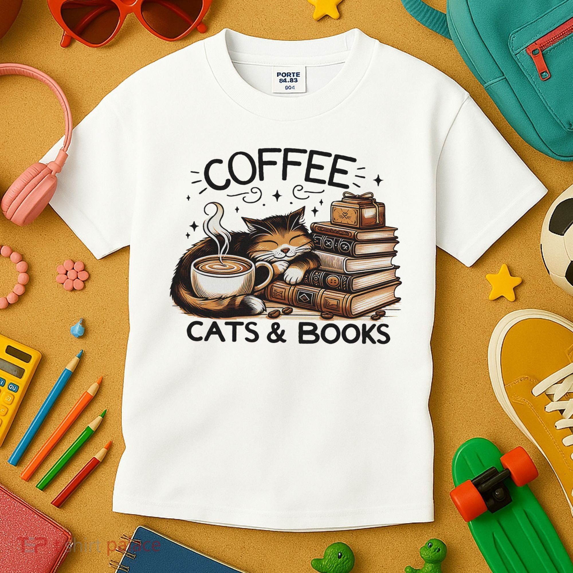 Funny Cute Coffee Cats Books Lover Gift Idea Women Kids T-Shirt