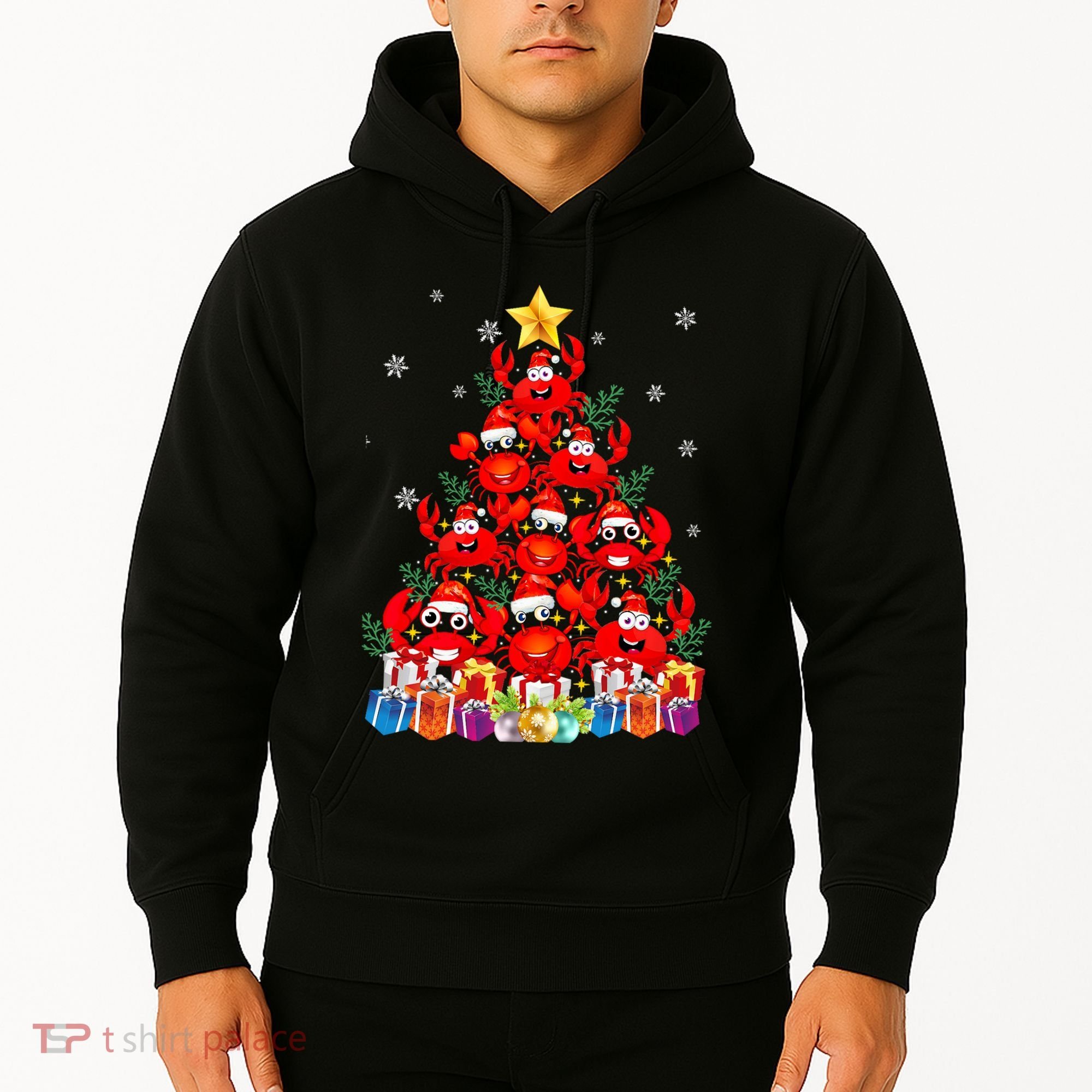 Funny Crab Christmas Tree Lights With Santa Hat Hoodie