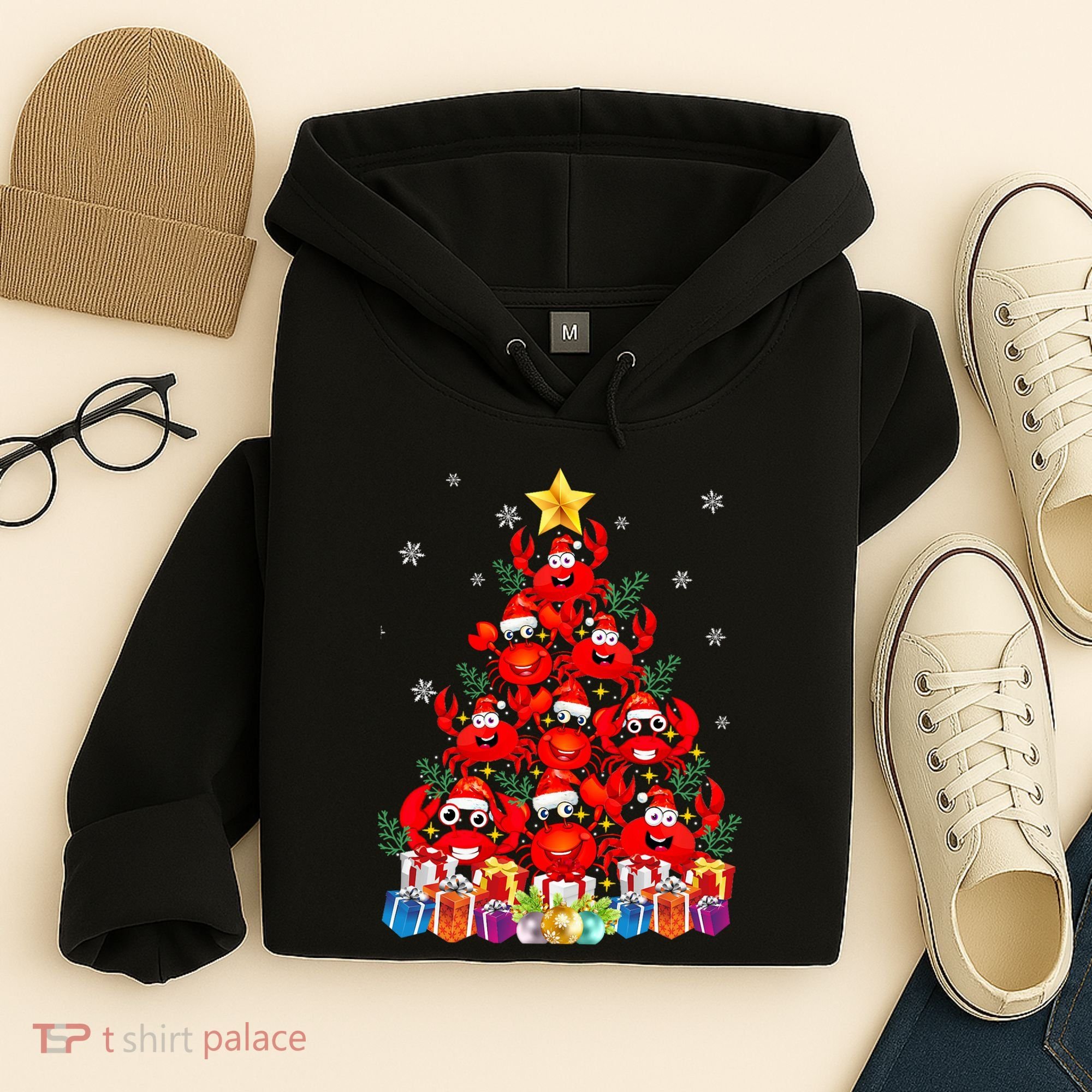 Funny Crab Christmas Tree Lights With Santa Hat Hoodie